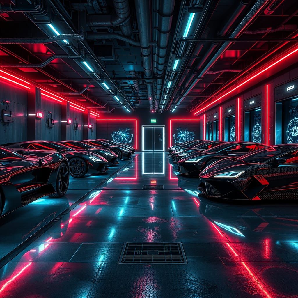 Futuristic Supercar Garage with Neon Lighting, Digital Matte...