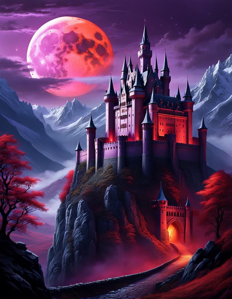 Gothic Castle in Mystical Valley Bathed in Purple Light