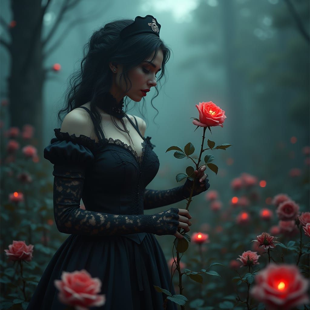 Gothic Nurse Tends Thorny Roses in Moonlit Graveyard