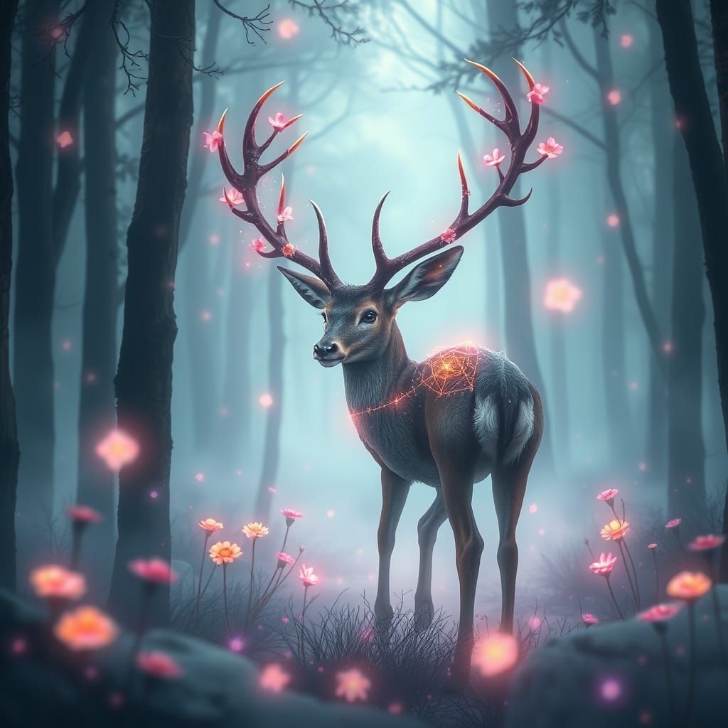 Mystic Deer with Glowing Runes in Misty Forest