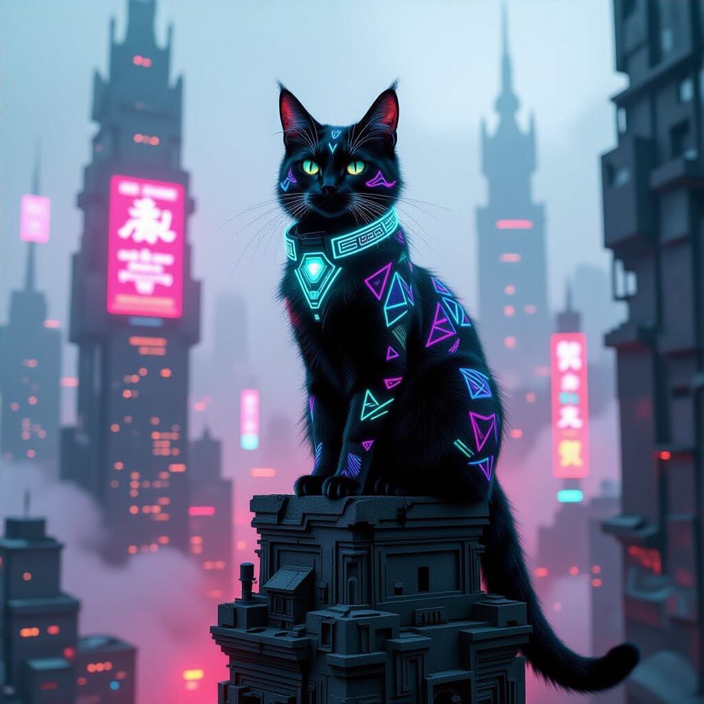 Cyberpunk Cat on Futuristic Metropolis Spire