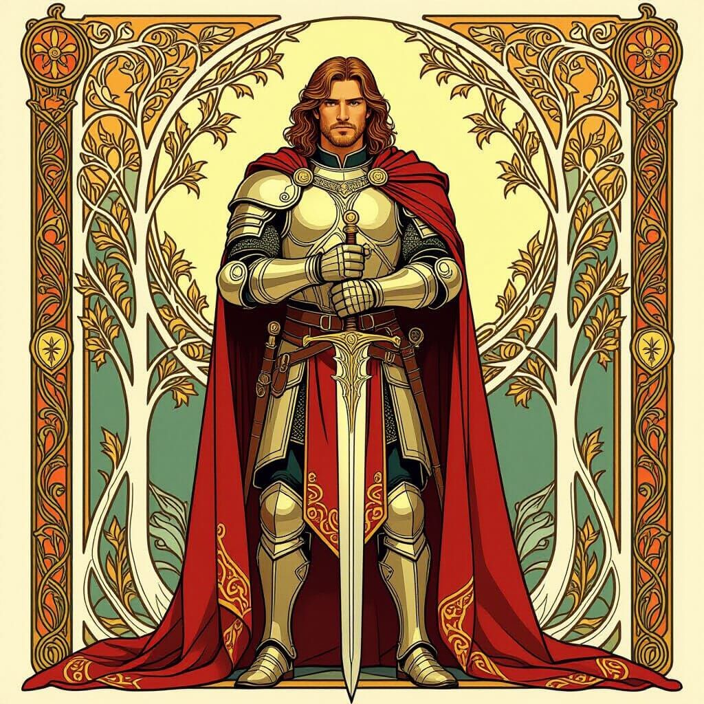 Art Nouveau Masterpiece of Boromir in Alphonse Mucha Style