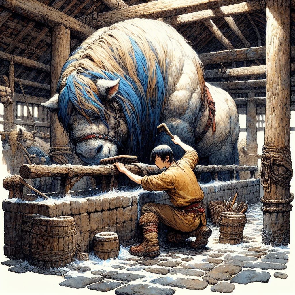 Fantasy Beast Grooming: Anime-Style Watercolor Illustration