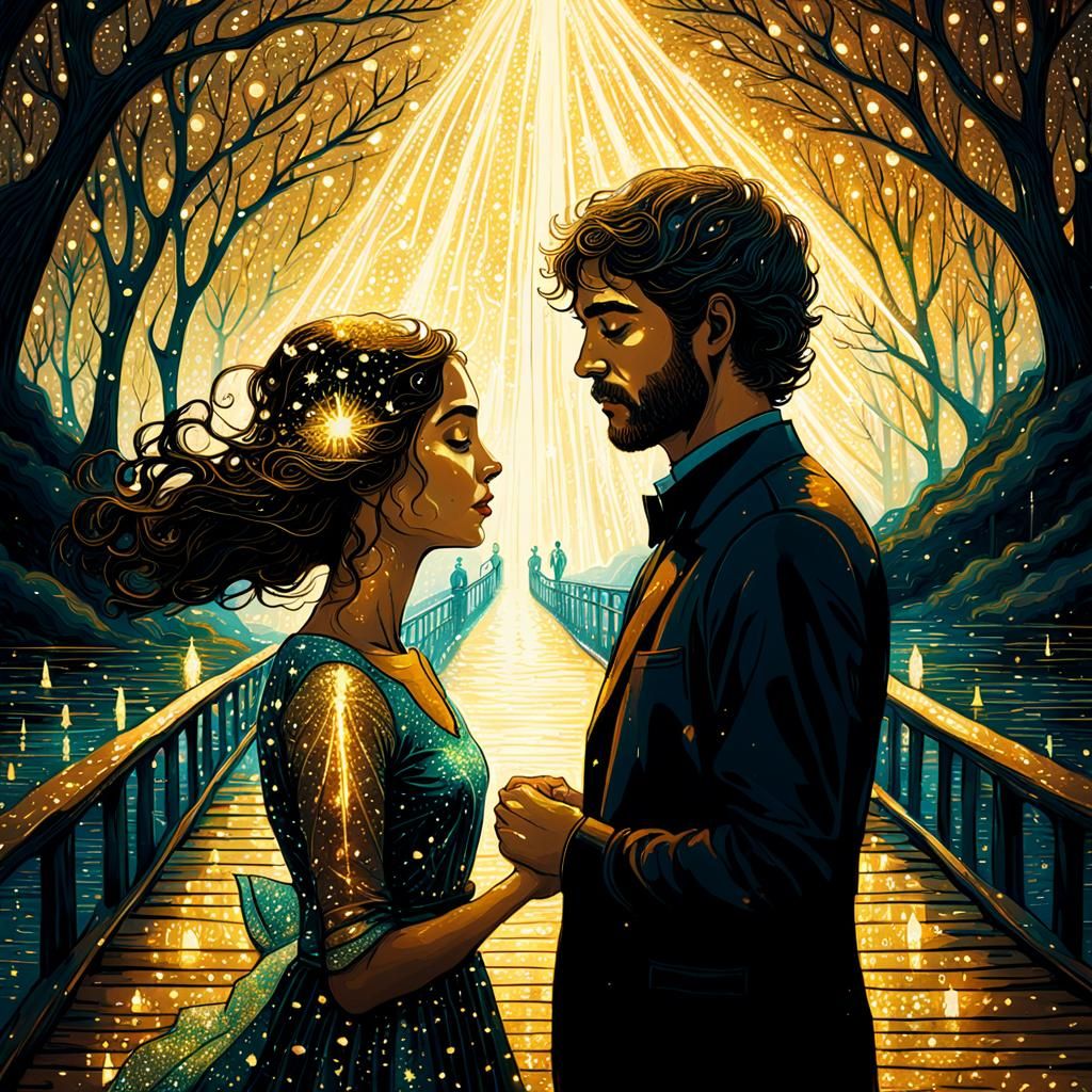 Lovers on a Sparkling Gold Bridge in Magic Realism