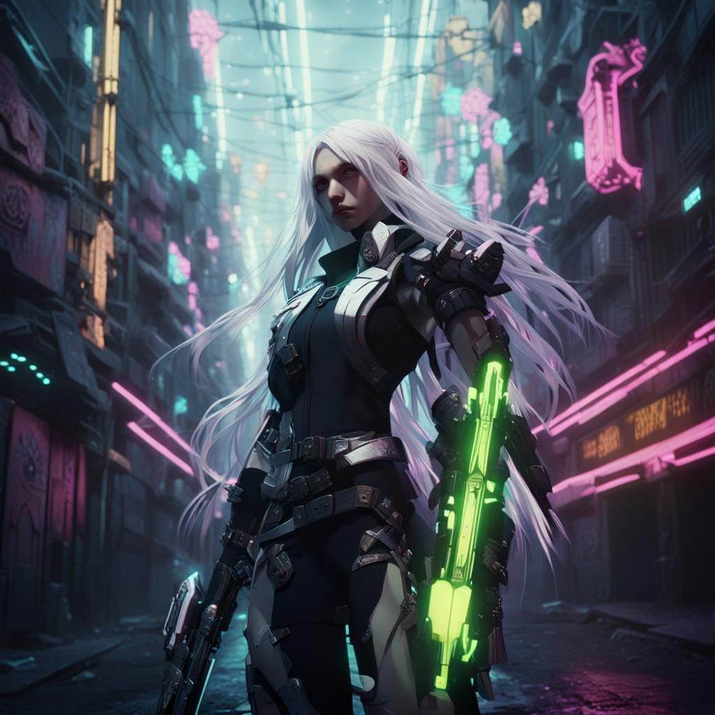Cyberpunk Assassin in Neon Alleyway