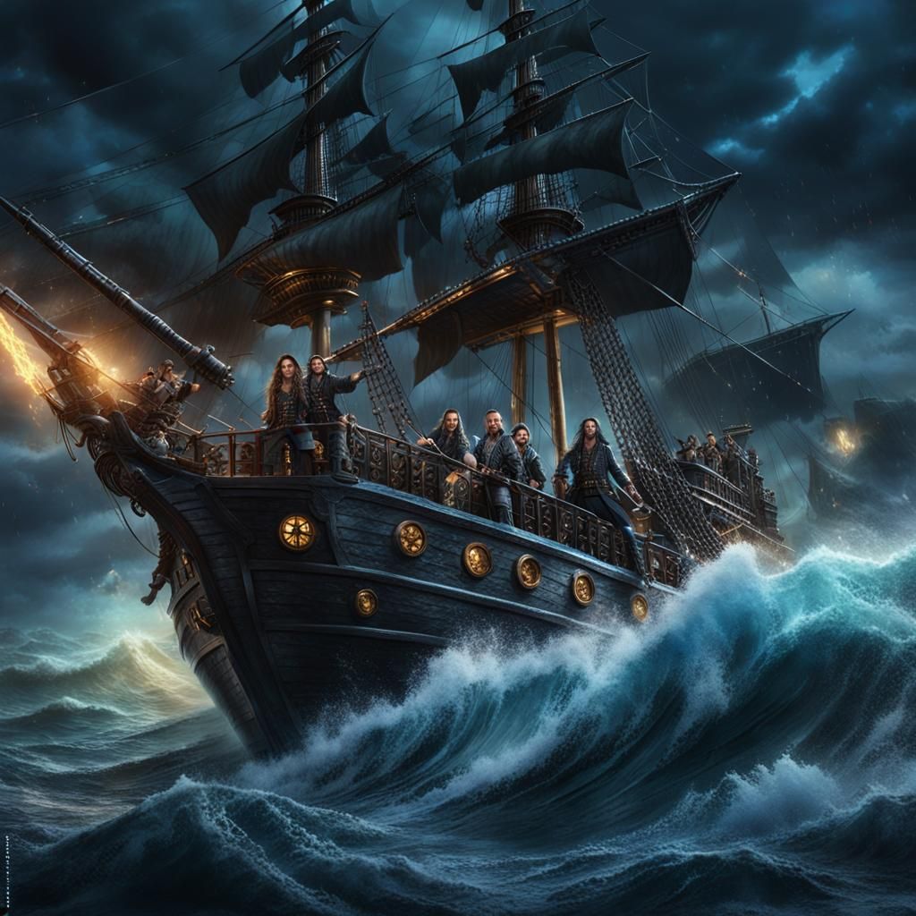 Pirates Ready for Battle on Stormy Sea