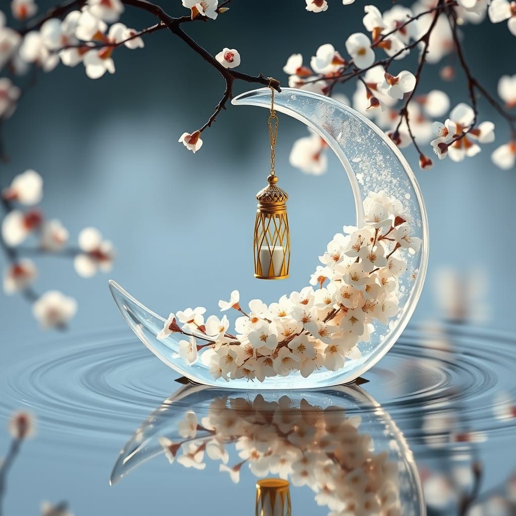 Glass Moon with Blossoms and Lantern