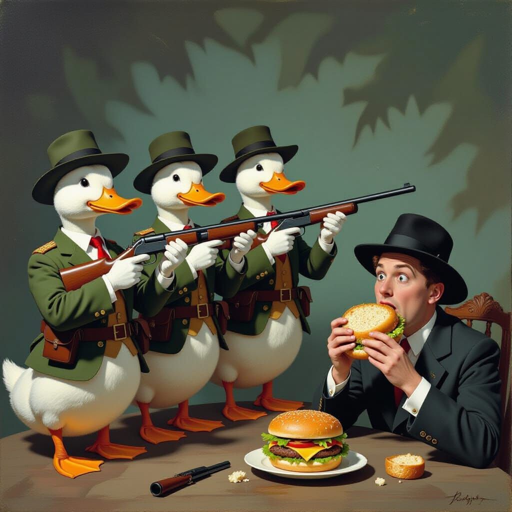 Hunter Ducks Aim Guns at Sandwich Eater