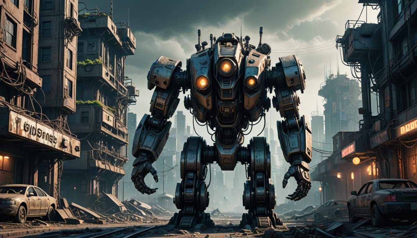 Cyberpunk Robot Dominates Post-Apocalyptic Cityscape in Impr...