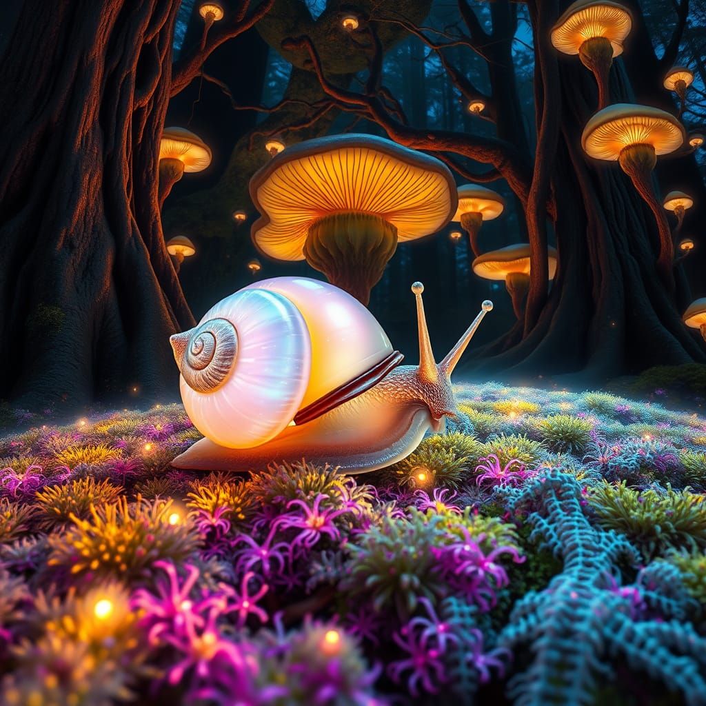 Bioluminescent Snail Glides Through Glowing Forest