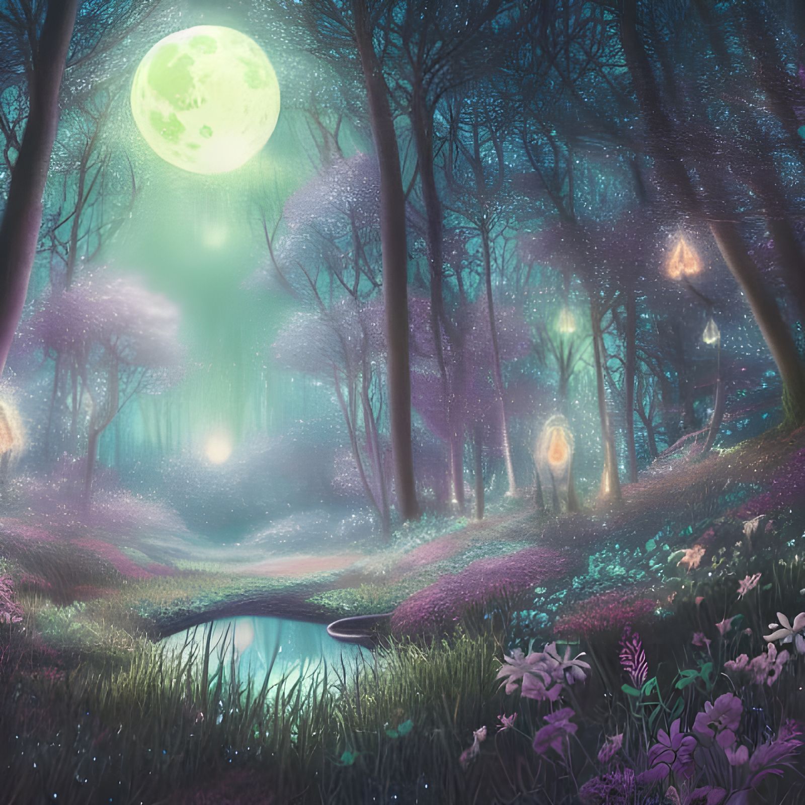 Moonlit Magical Forest in Pastel Digital Art