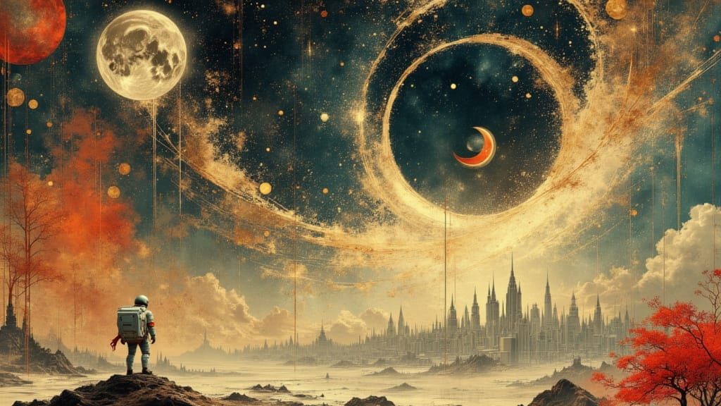 Astronaut and Alien Creature in Cosmic Surrealism