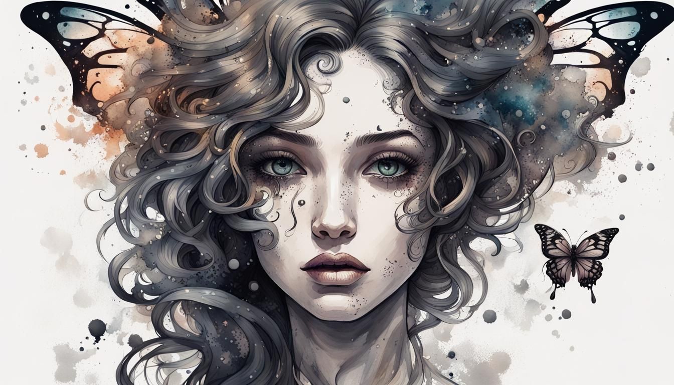 Fantasy Ink Butterfly Girl Portrait in Watercolor Style