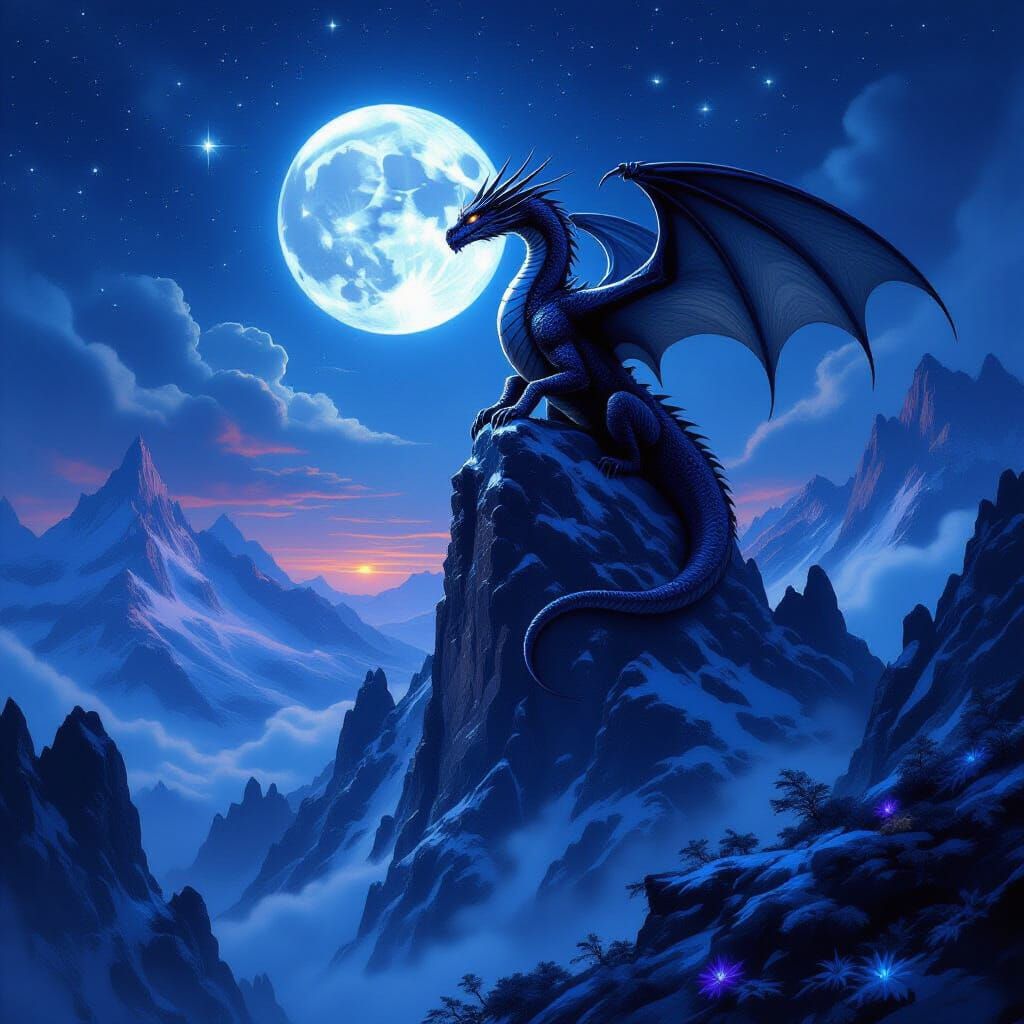 Ancient Obsidian Dragon on Snowy Peak Under Starlit Sky