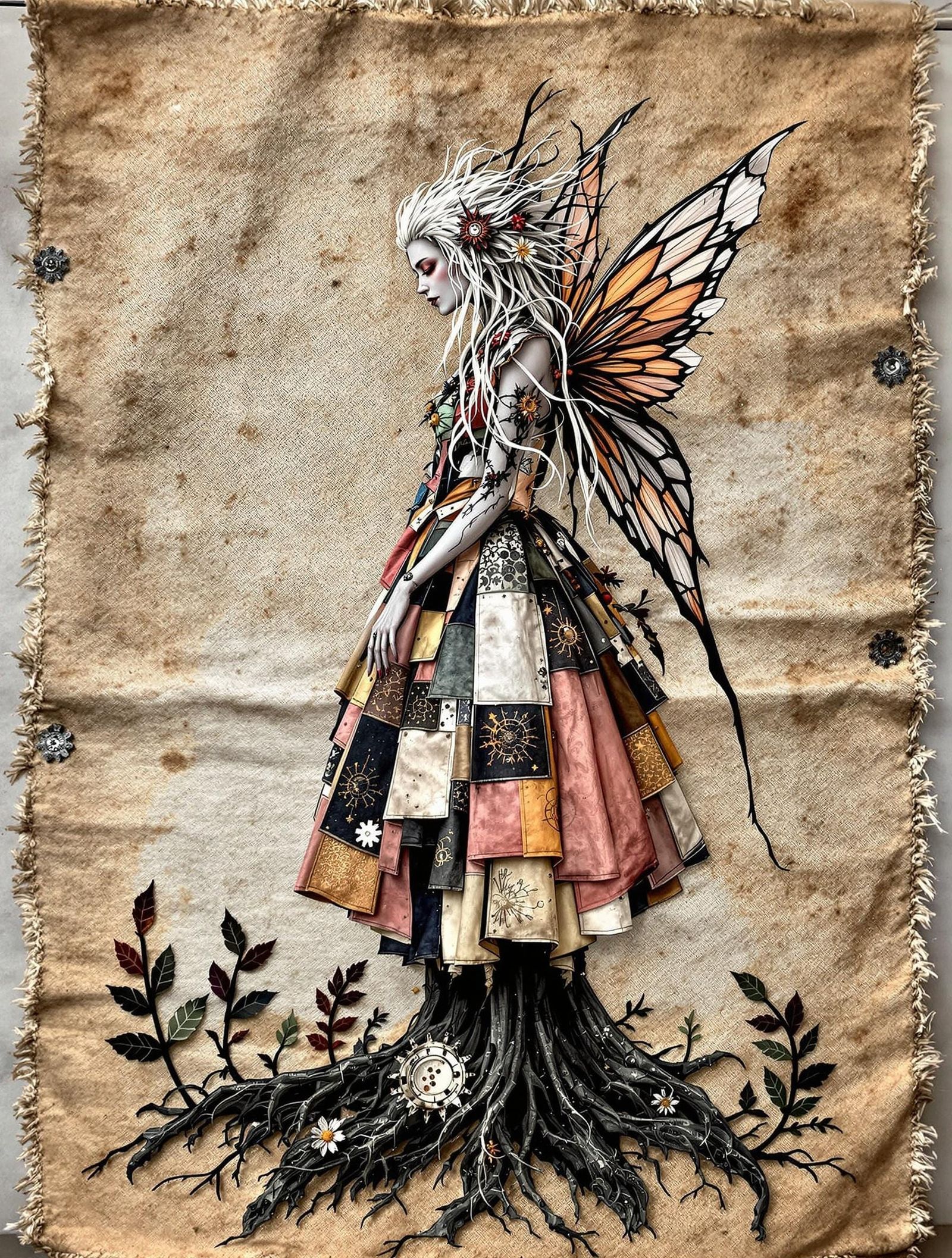 Appalachian Fairy Among Distressed Burlap and Gearwork