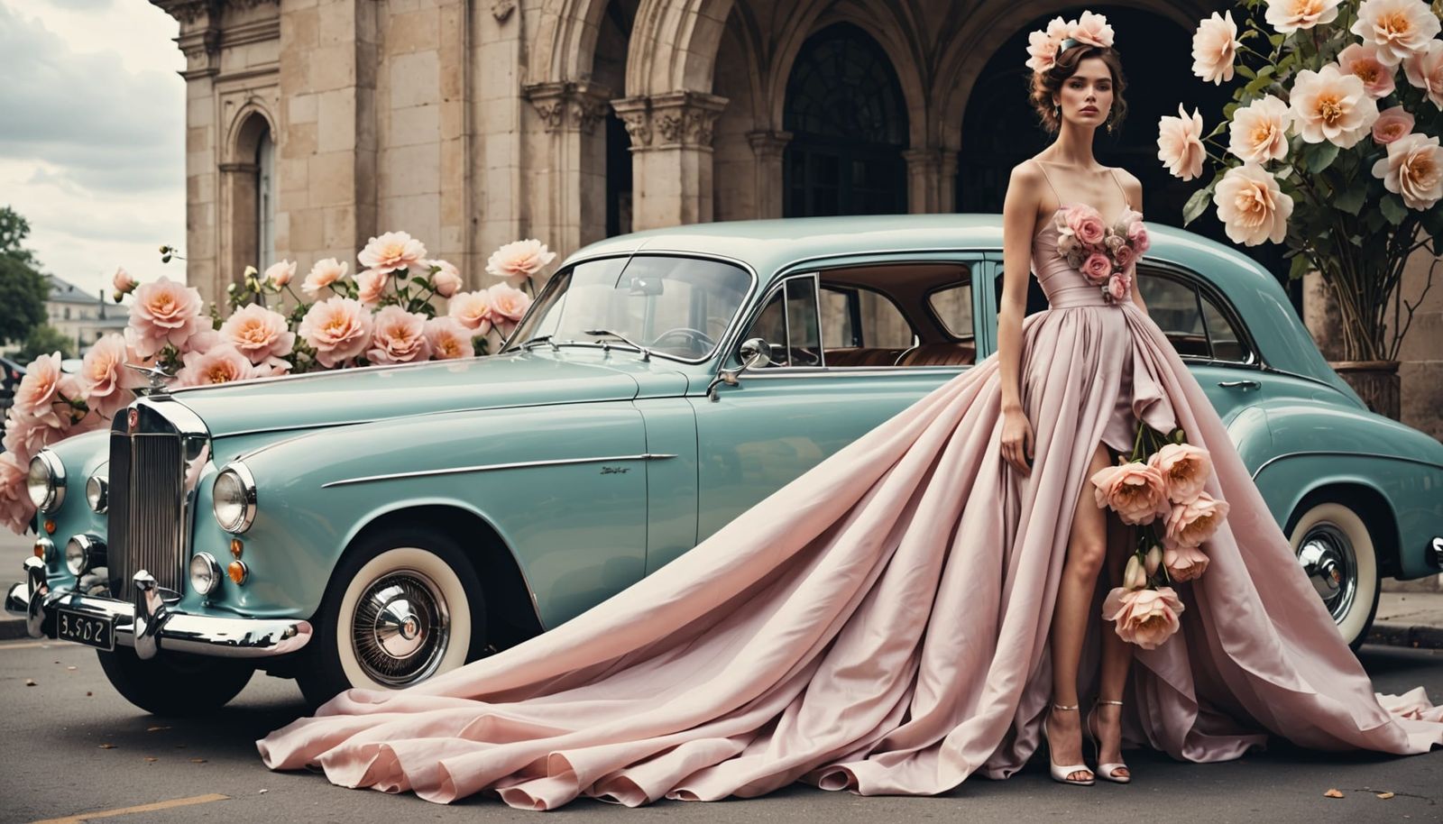 Ethereal Silk Fashion Sketch with Surreal Flowers