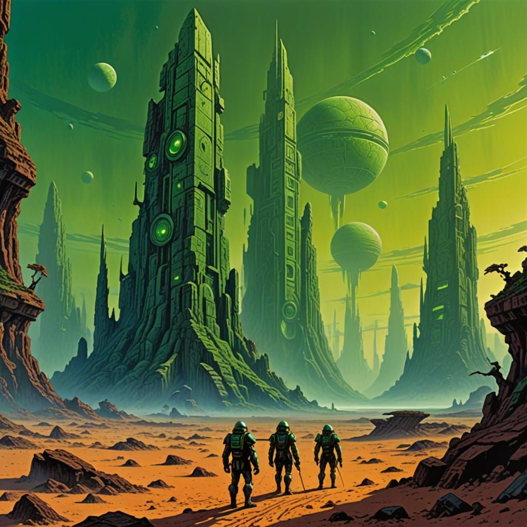 Desolate Planet with Sci-Fi Monoliths in Green Haze
