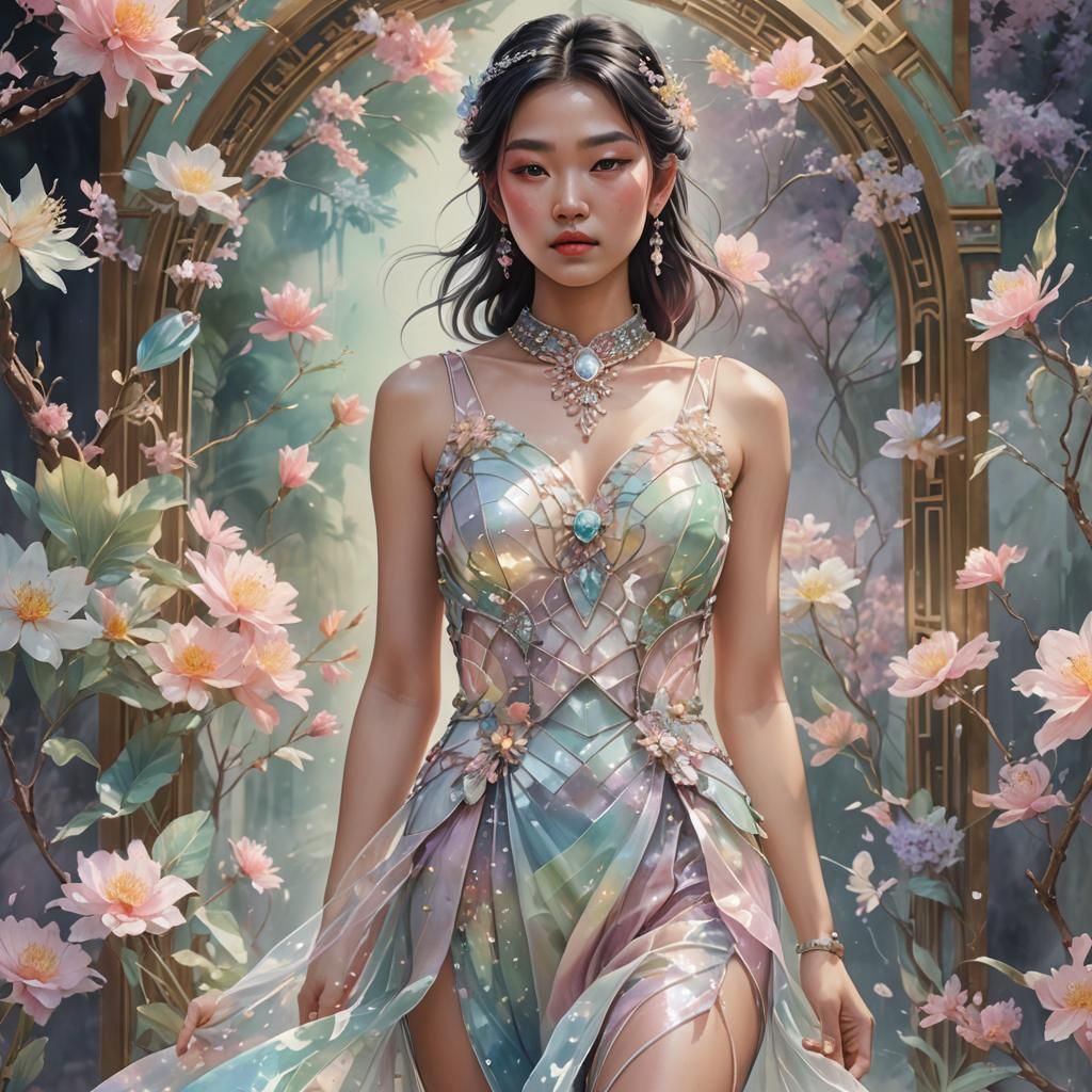 Asian Woman in Pastel Glass Dress, Watercolor Art