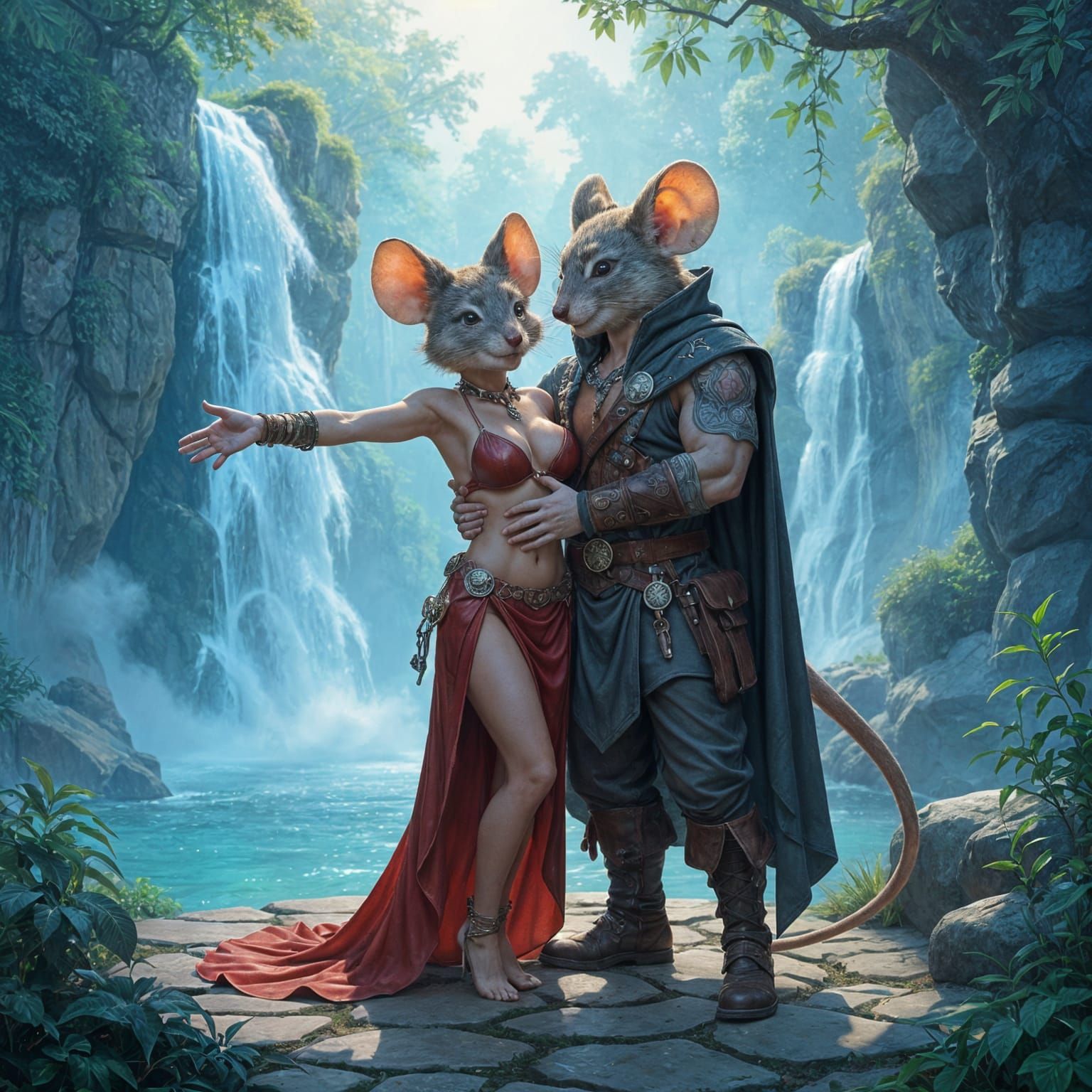 Fantasy Mouse Couple Embrace Under Waterfall, Ethereal Style