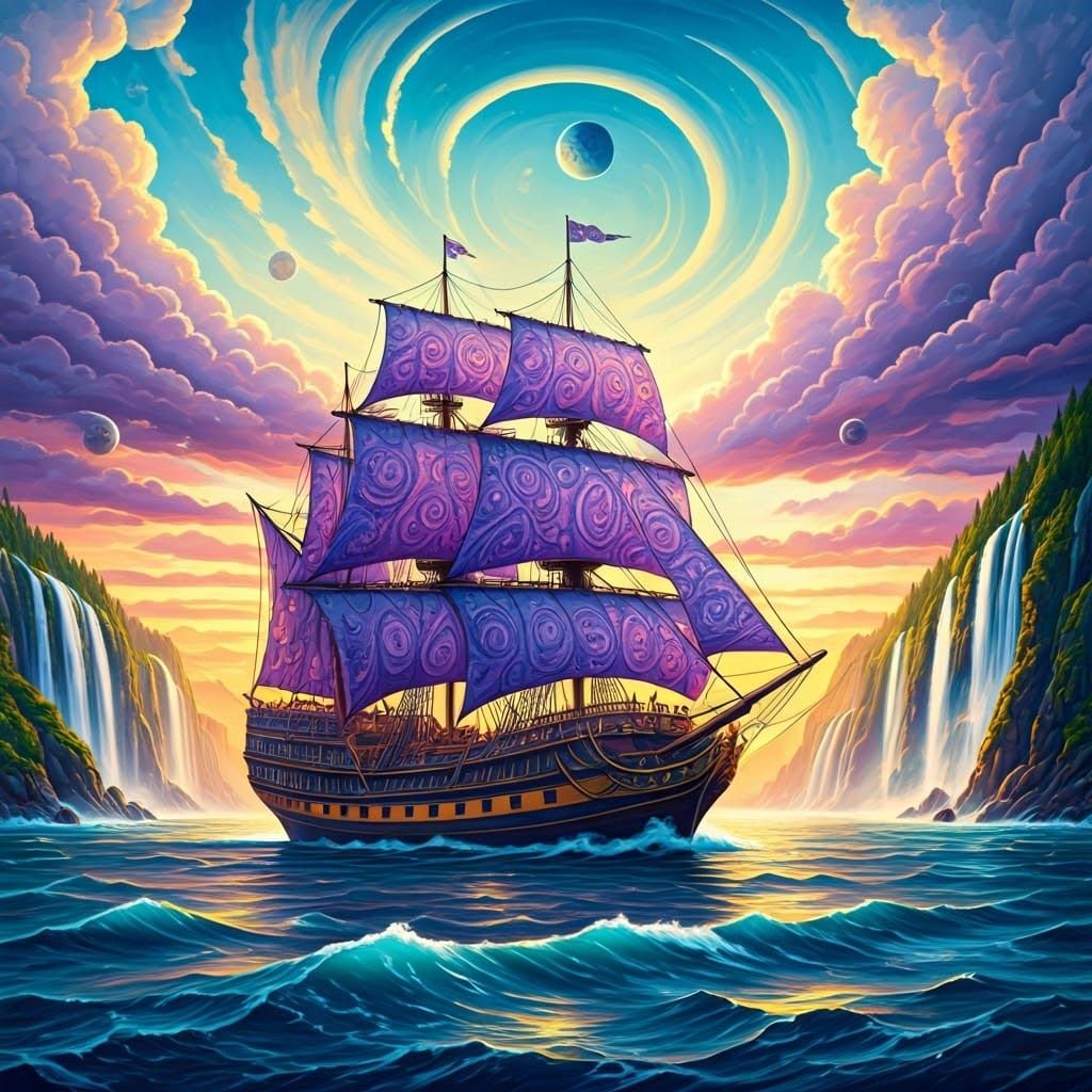 Surreal Galleon Glides Across Dreamlike Dawn Sky