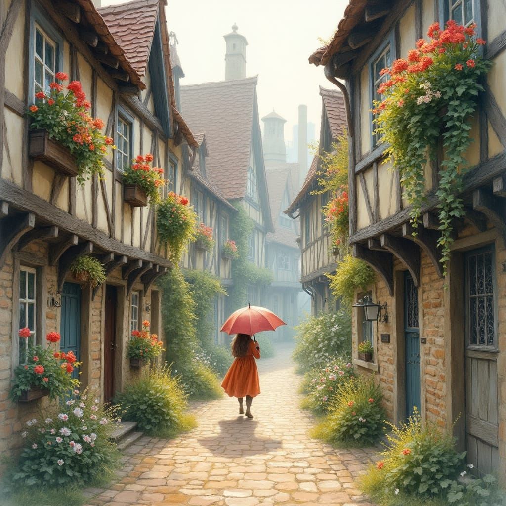 Medieval Village Street in Rain, Watercolor Painting