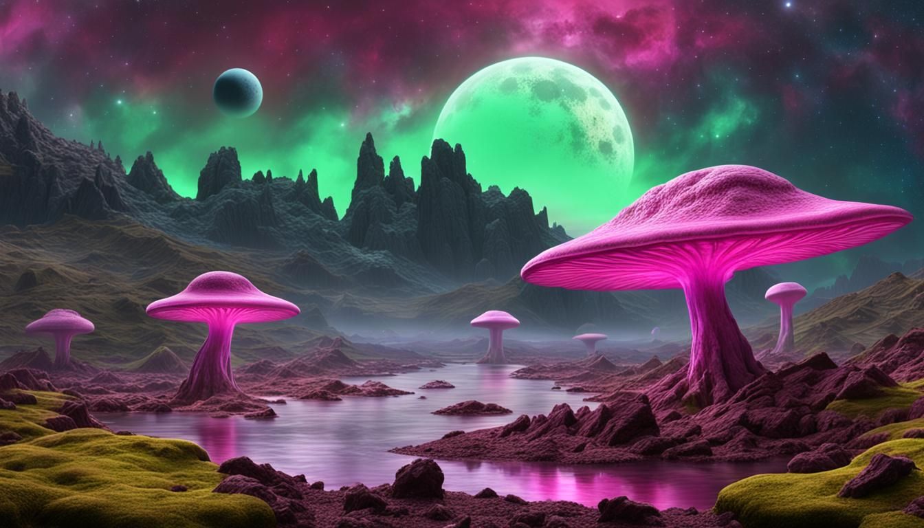 Grey Alien on Strange Planet with Bioluminescent Mushrooms