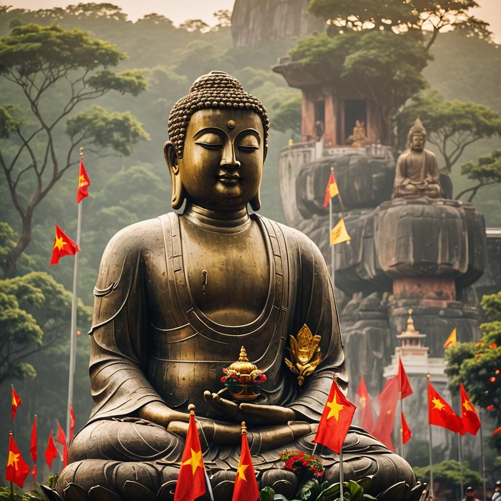 Buddhist Temple Scene with Vietnamese Flag