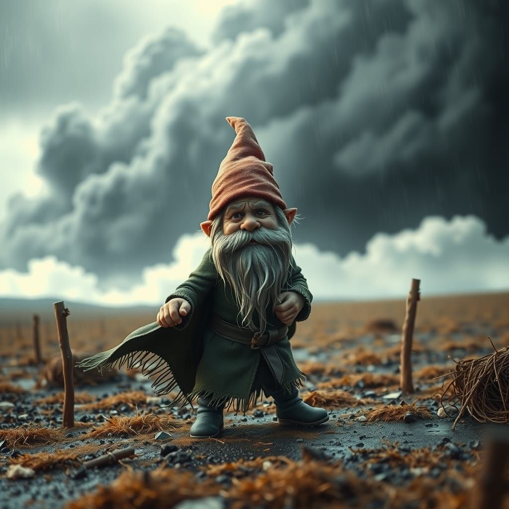 Worried Gnome in Stormy Landscape, in Surreal Style