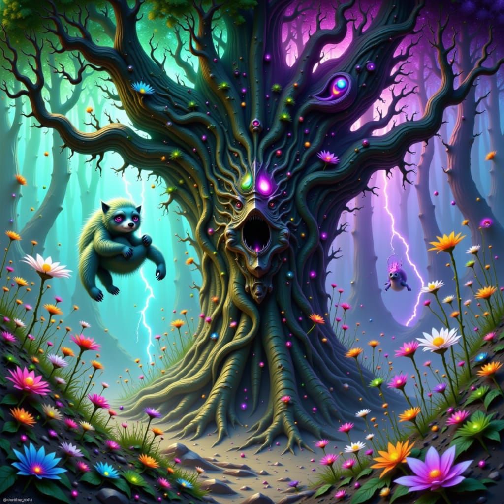 Lightning-Struck Tree with Sloth Creature in Dreamlike Art