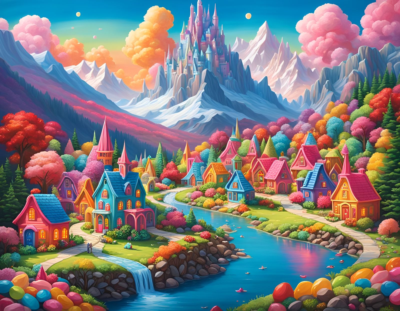 Candy Village with Rainbow Castle, Digital Illustration