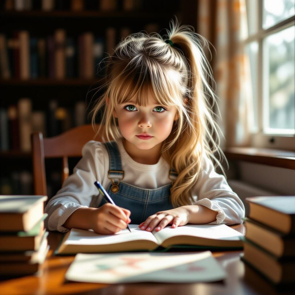 Young Girl Studying at Book-Filled Table