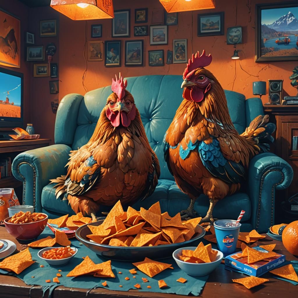 Chickens Watch TV: Whimsical Matte Painting