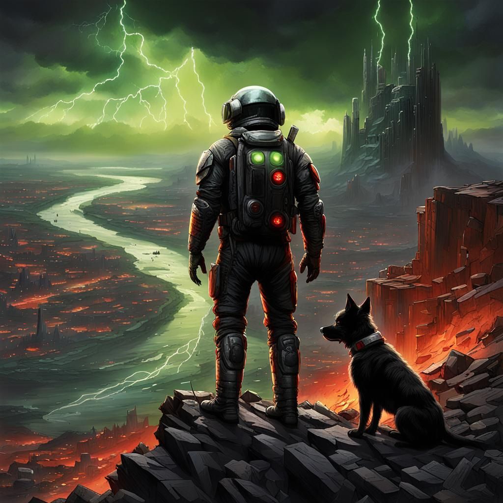 Dystopian Future: Man and Dog at Cliff's Edge