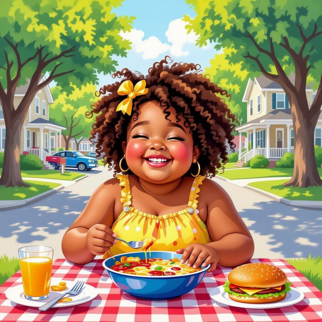 Black Girl Beaming at Community BBQ in Gouache Style
