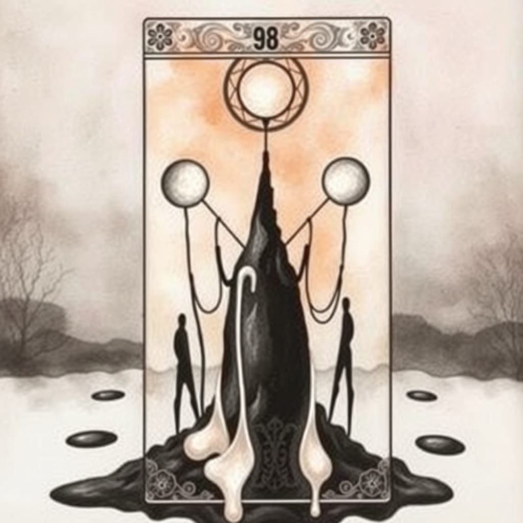 Surreal Tarot Card: Nine of Pentacles in Dali Style
