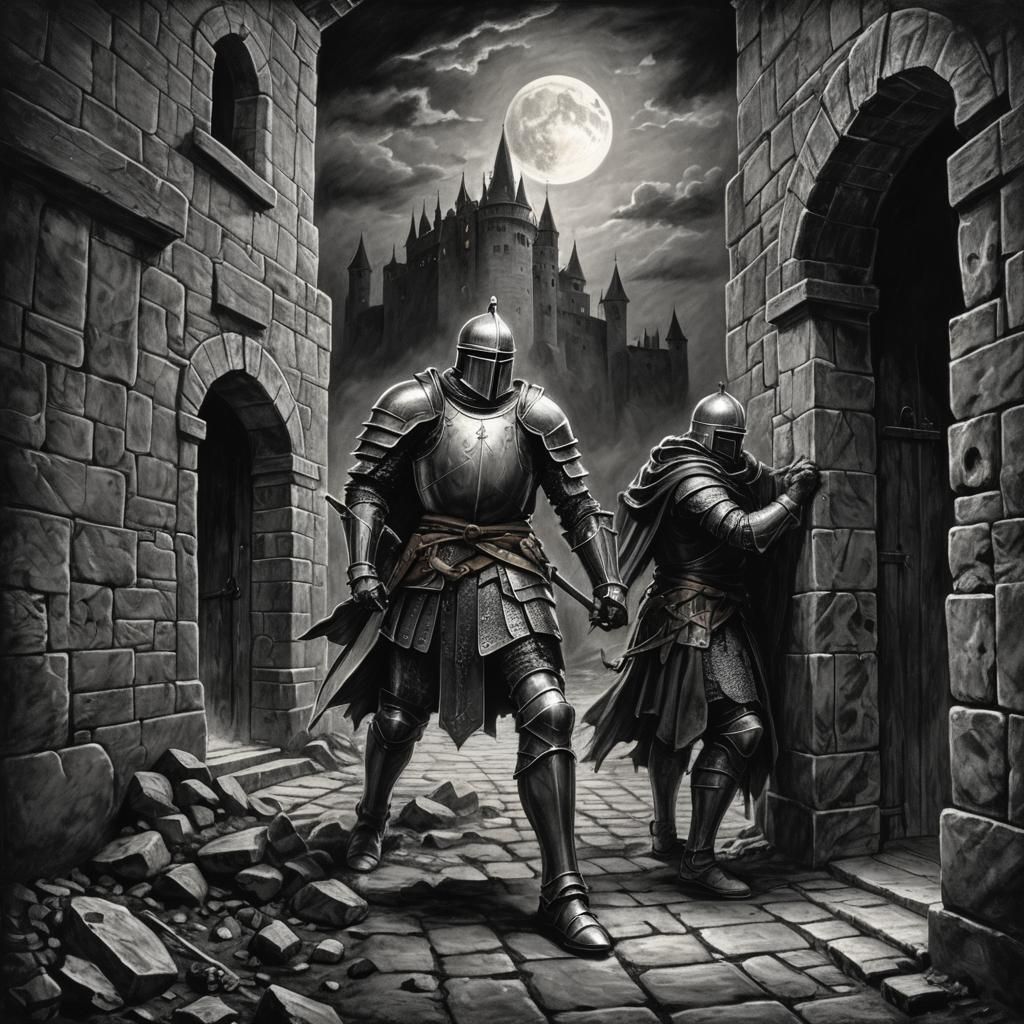 Knight Seeks Shelter at Ancient Castle Gate