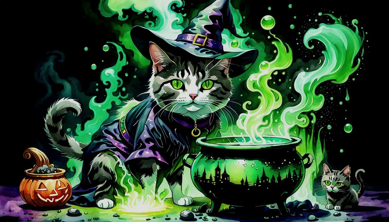Cat Witch with Bubbling Cauldron in Watercolor