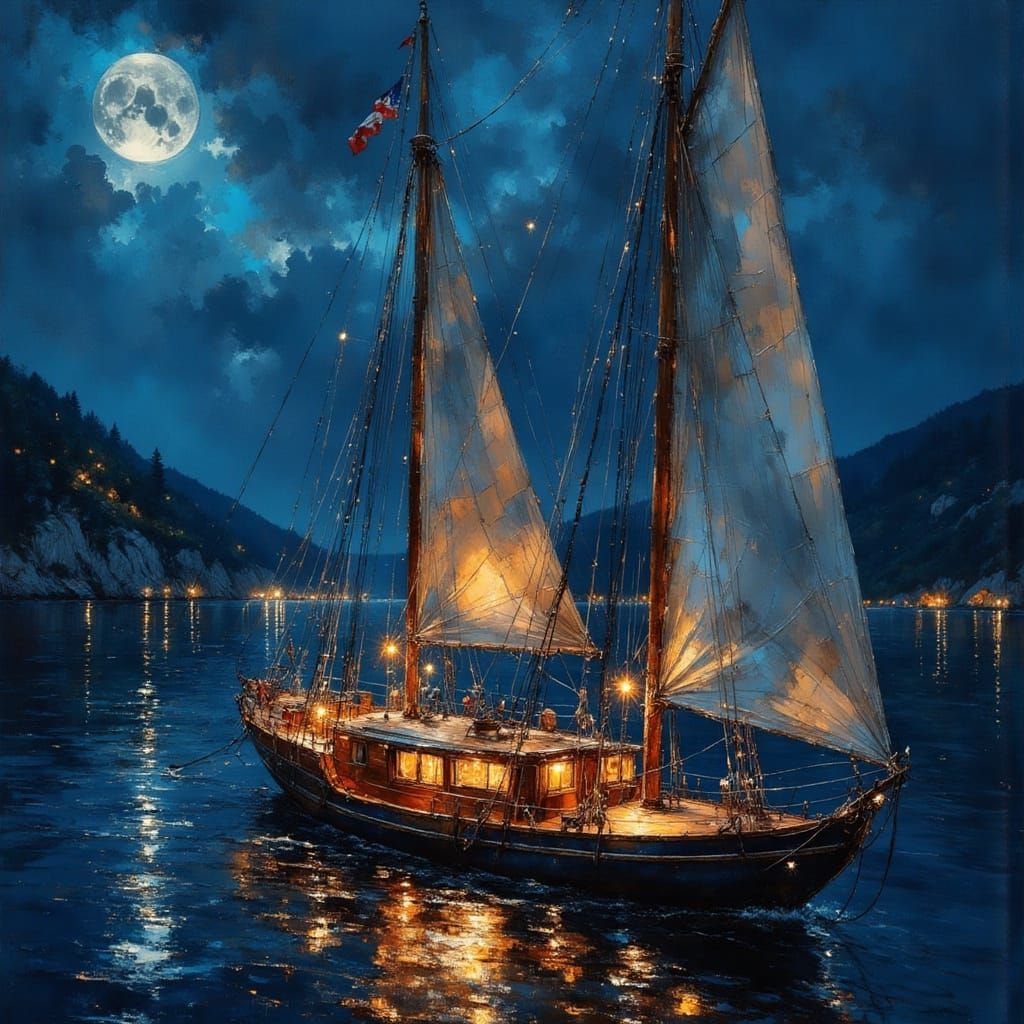 Sailing Yacht at Night, Mediterranean, Lautrec Style
