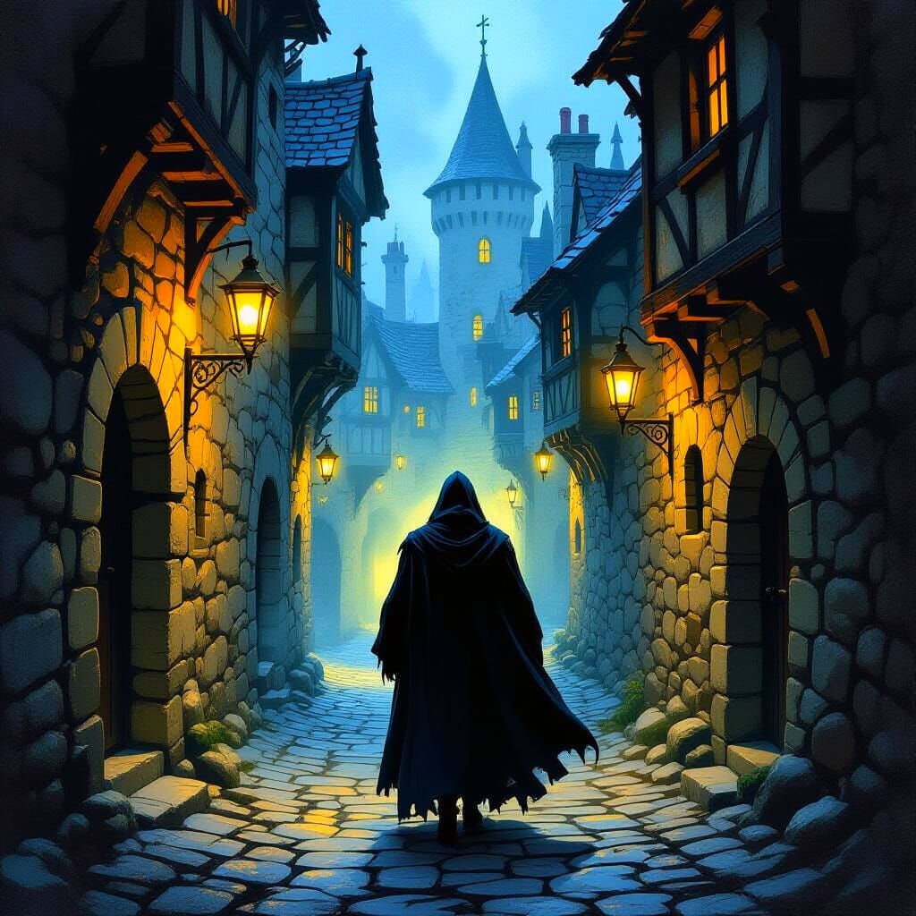 Mysterious Figure in Rainy Medieval Alleyways