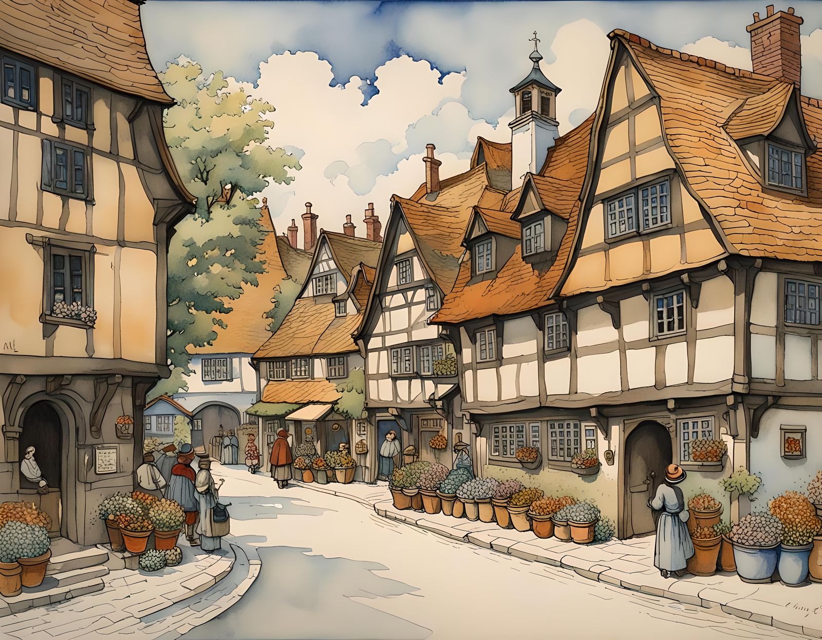 Lush German Renaissance Village in Summer, Watercolour
