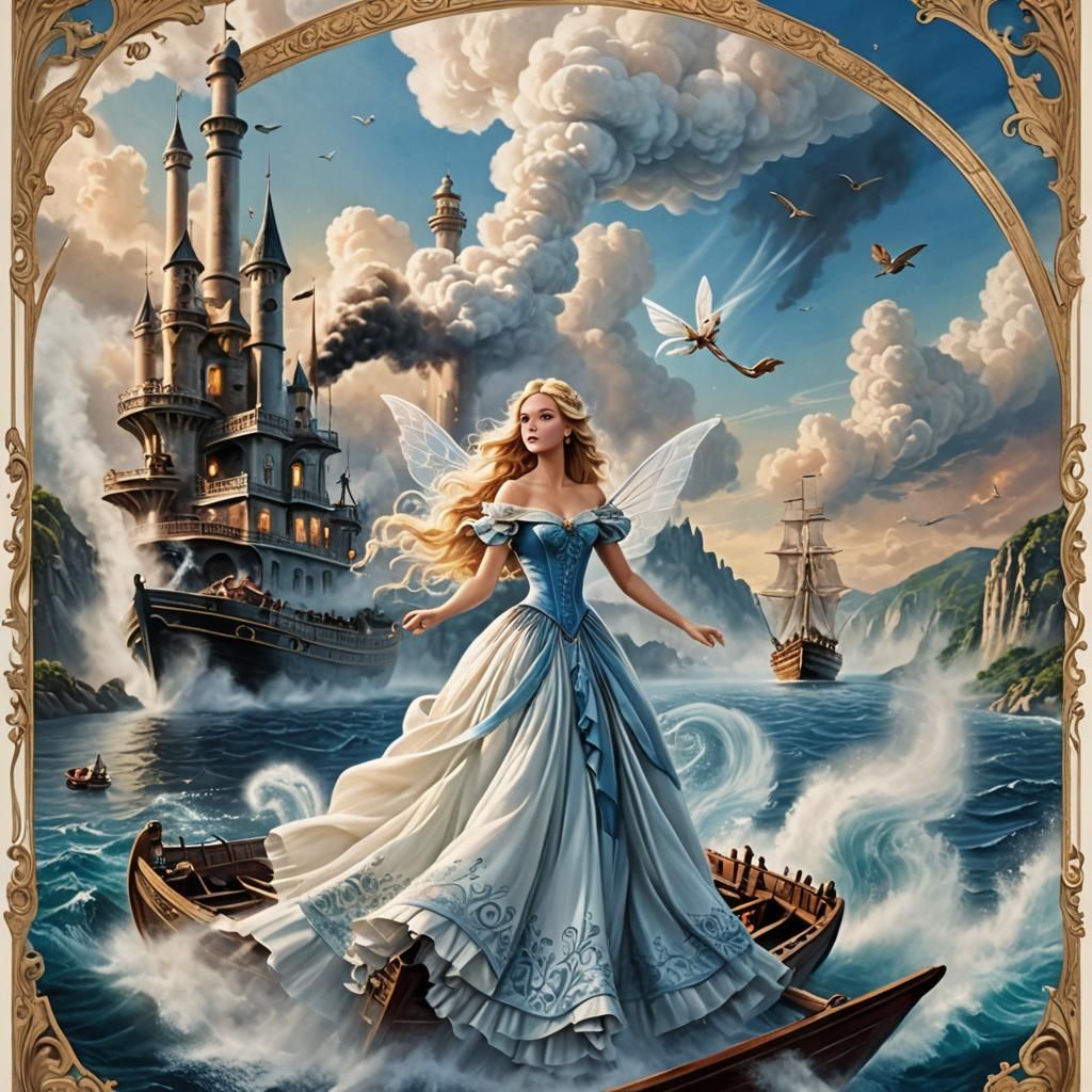 Fairy Steamboat in Fantasy Sea: Hyperrealistic Poster