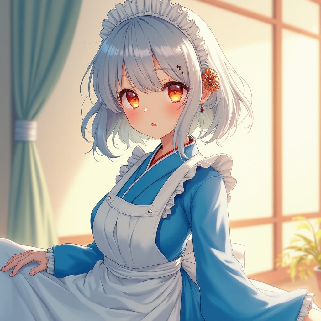 Silver-Haired Girl in Traditional Japanese Maid Outfit