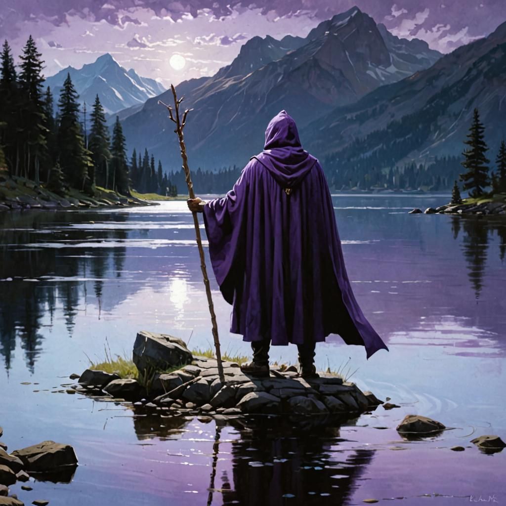 Mysterious Man by the Lake: Detailed Fantasy Painting