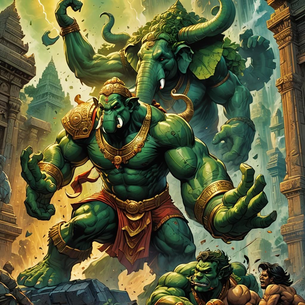 Ganesha and Hulk Clash in Comic Book Art