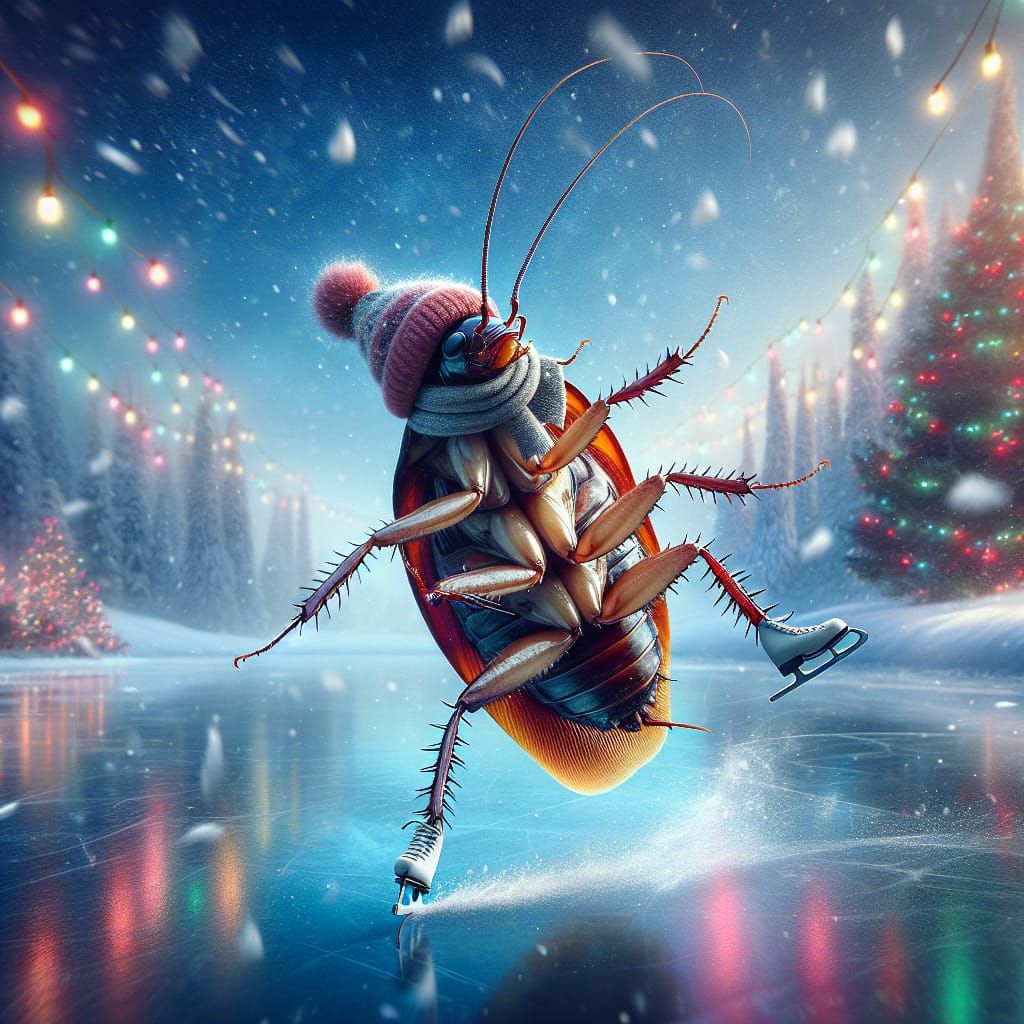 Festive Cockroach Ice Skating in Winter Wonderland
