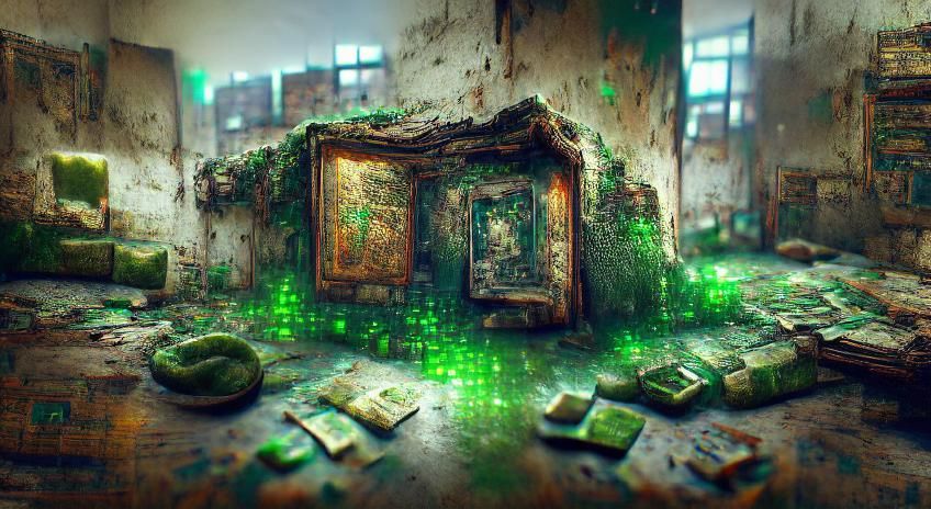 Digital Matrix Portal in Gritty Apartment