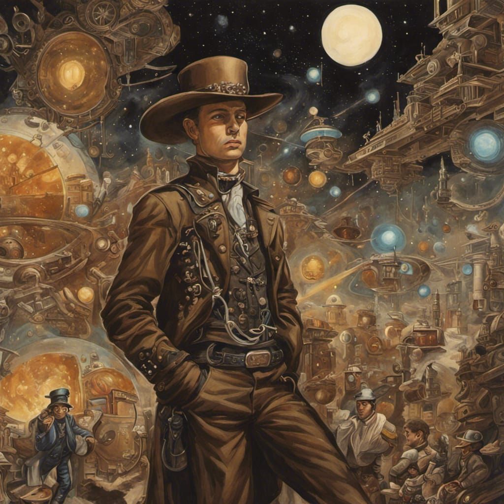 Steampunk Space Cowboy in Gouache Painting