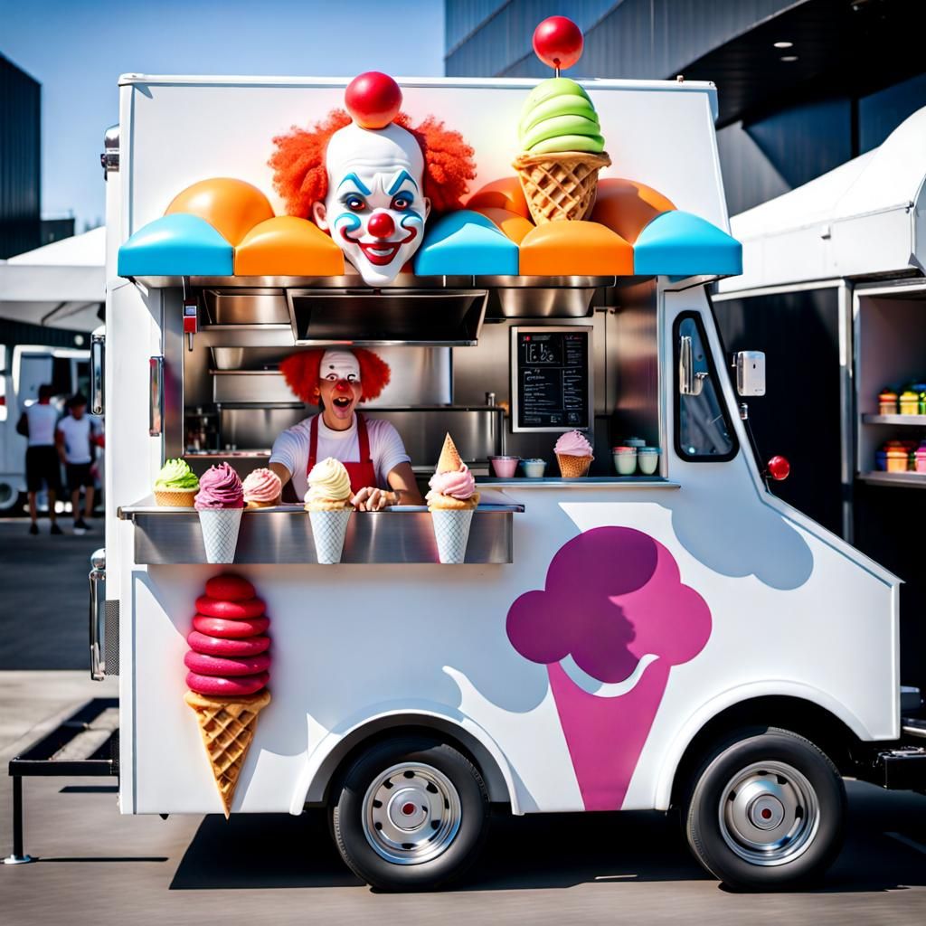 Clown Selling Ice Cream in Futuristic Truck