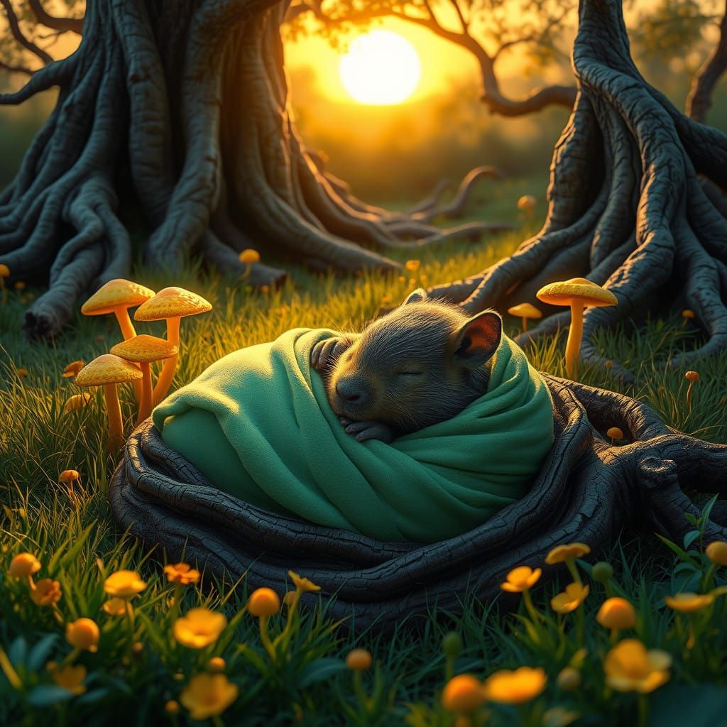 Sleeping Newborn Capybara in Enchanted Meadow