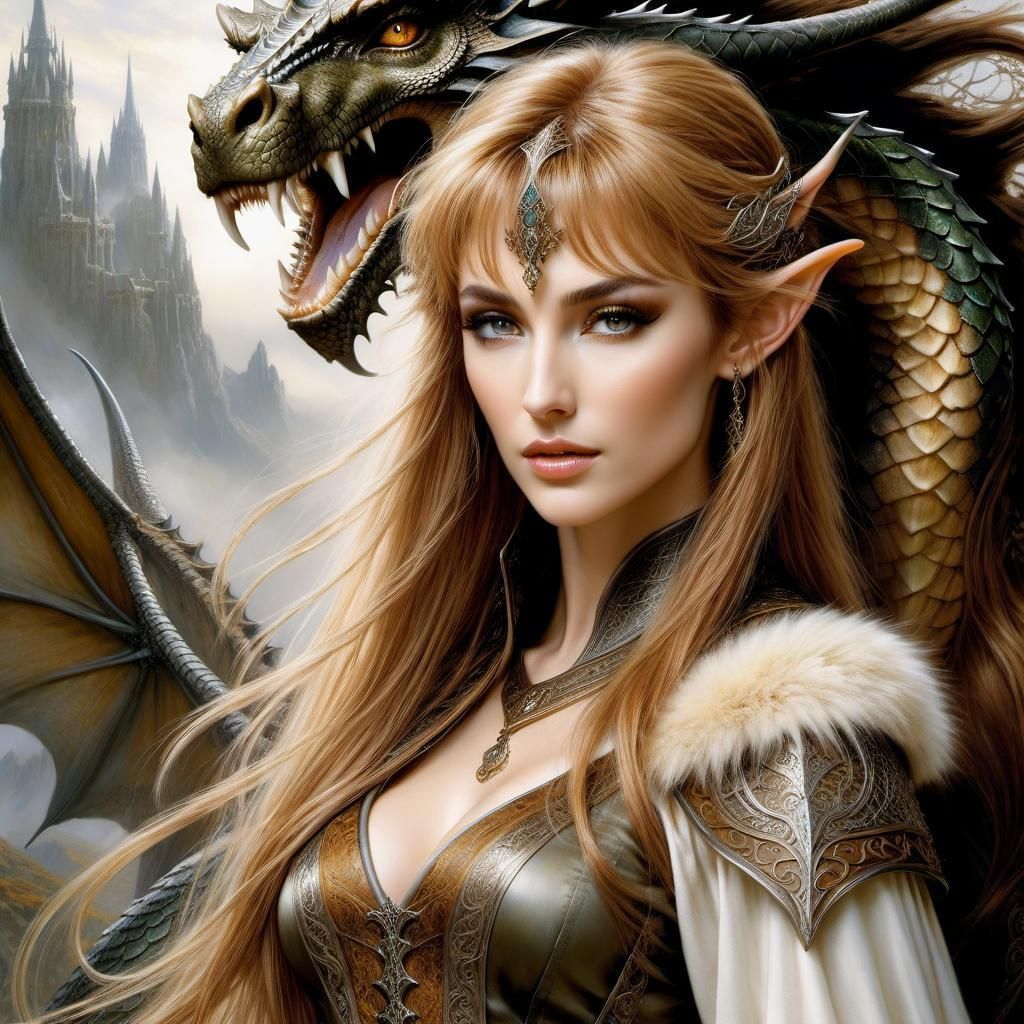Elven Woman Dragon Rider in Fantasy Art Style